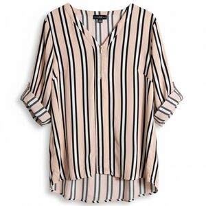 International Inc Company Pink Pinstripe Blouse XL NWT Sheer Gold Zip High Low